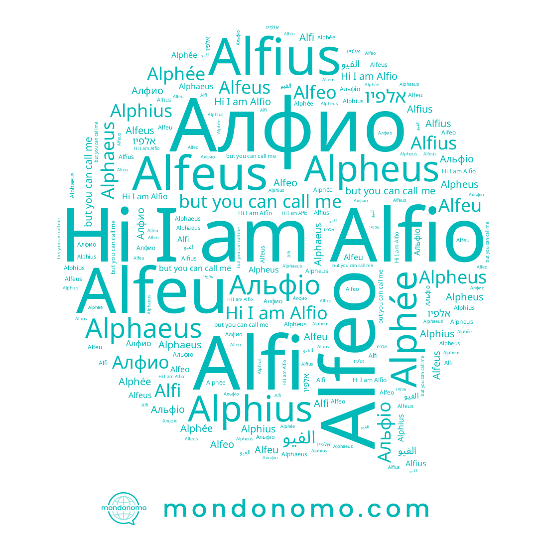 name Alfius, name Альфіо, name Alfeu, name Alfeo, name Alfi, name Alphée, name Alfio, name Алфио, name Alfeus, name Alpheus, name אלפיו, name Alphius, name Alphaeus