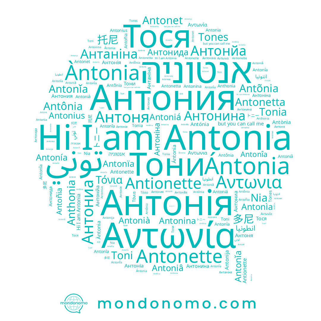 name Antonià, name Antonette, name Antoniá, name Ántonia, name Àntonia, name انتونيا, name Антонія, name Antonius, name Antonina, name Антоніна, name 多尼, name Антоніа, name Antonǐa, name Tonia, name Anthonia, name Tones, name Тося, name Antonia, name Αντωνία, name 托尼, name אנטוניה, name توني, name Antoñia, name トニー, name Антоня, name Antionette, name Nia, name Antonetta, name Antõnia, name Antoniâ, name Антаніна, name انطونيا, name Тони, name Antonet, name Antònia, name Антониа, name Antónia, name Antônia, name Antonïa, name Антонйа, name Antonía, name Антония, name Antonija, name Antonîa, name Τόνια, name Antonìa, name Антонида, name Toni, name Antonĭa, name Антонина