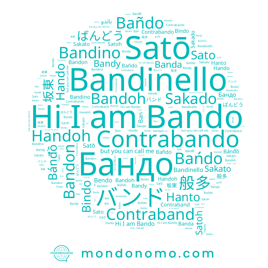 name バンド, name Satō, name Hando, name Ban, name ばんどう, name Satoh, name Bañdo, name Bendo, name Bindo, name Handoh, name Banda, name Hanto, name Bańdo, name Bánđồ, name Bando, name Bandinello, name Bandon, name Bandino, name Sato, name Bandoh, name Contrabando, name Sakado, name 般多, name Bandy, name Sakato, name باندو, name Бандо