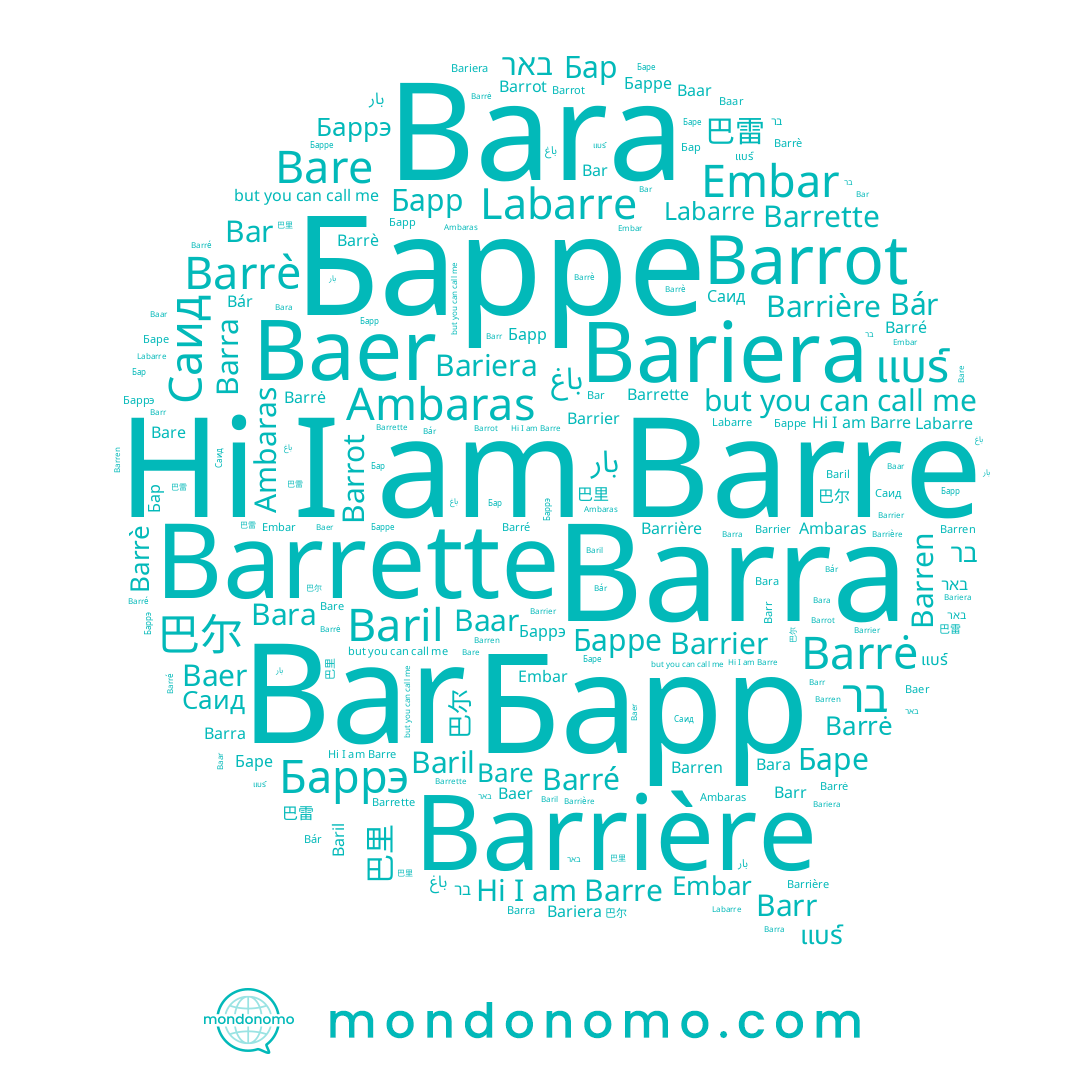 name Barrè, name Embar, name Barrette, name بار, name Bare, name Barré, name Бар, name 巴里, name Baer, name Bar, name Барре, name Barrė, name Barrier, name Баре, name Ambaras, name Баррэ, name Саид, name Barra, name Barrière, name באר, name Bariera, name Barre, name Labarre, name Baar, name Bár, name 巴雷, name Барр, name Bara, name Barren, name Baril, name בר, name Barr, name Barrot