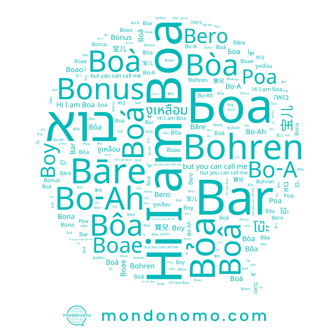name Bôa, name Боа, name Bona, name בואה, name Bero, name 宝儿, name 寶兒, name 보아, name בוא, name Bo-Ah, name Boâ, name Bāre, name Bonus, name Bar, name Boae, name بوا, name Bòa, name Boy, name Bỏa, name Bohren, name Boá, name Bo-A, name งูเหลือม, name Boa, name Boà, name โบ๊ะ, name Poa