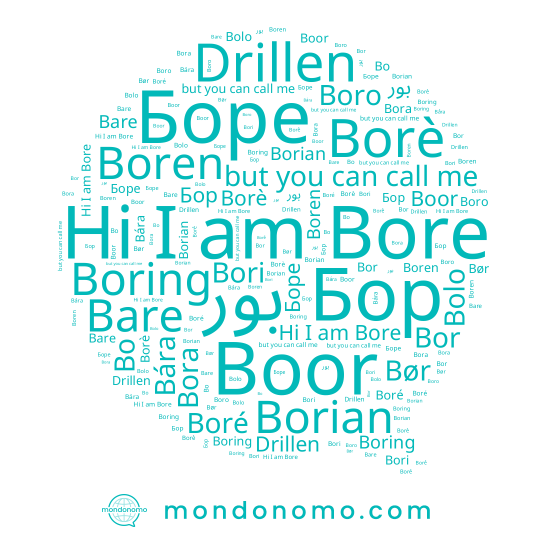 name Bare, name Bolo, name Borian, name Boro, name Boor, name Bára, name Boren, name Boré, name Boring, name Bør, name Bori, name Bore, name Bora, name بور, name Borè, name Drillen, name Боре, name Бор, name Bo, name Bor