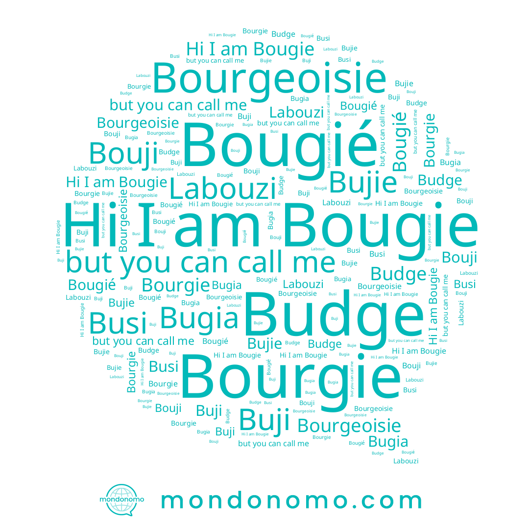 name Buji, name Bouji, name Budge, name Bugia, name Busi, name Labouzi, name Bougie, name Bujie, name Bougié, name Bourgie