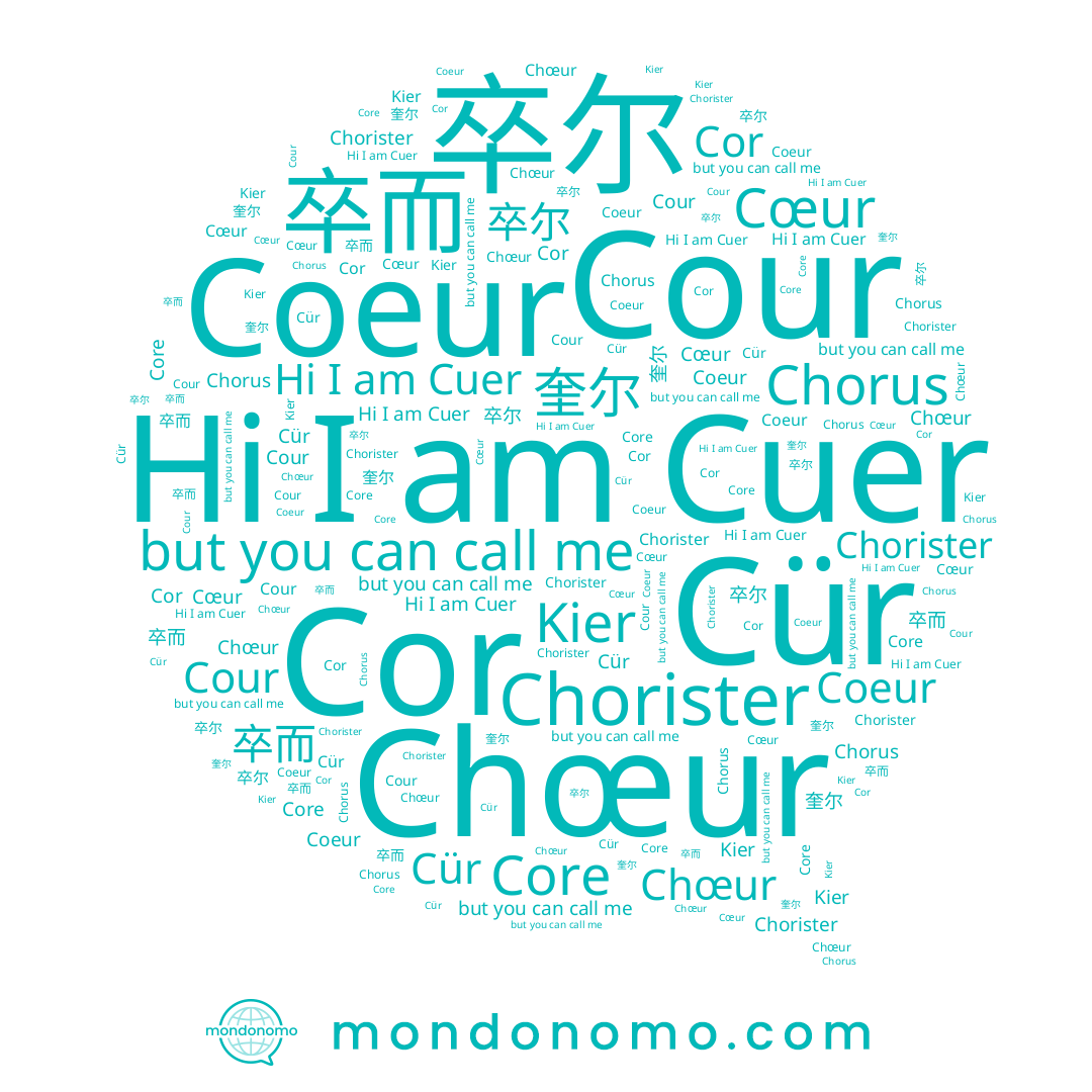 name Core, name Kier, name Cor, name Coeur, name 卒尔, name Chorister, name 卒而, name Chœur, name Cour, name 奎尔, name Chorus, name Cür, name Cuer, name Cœur