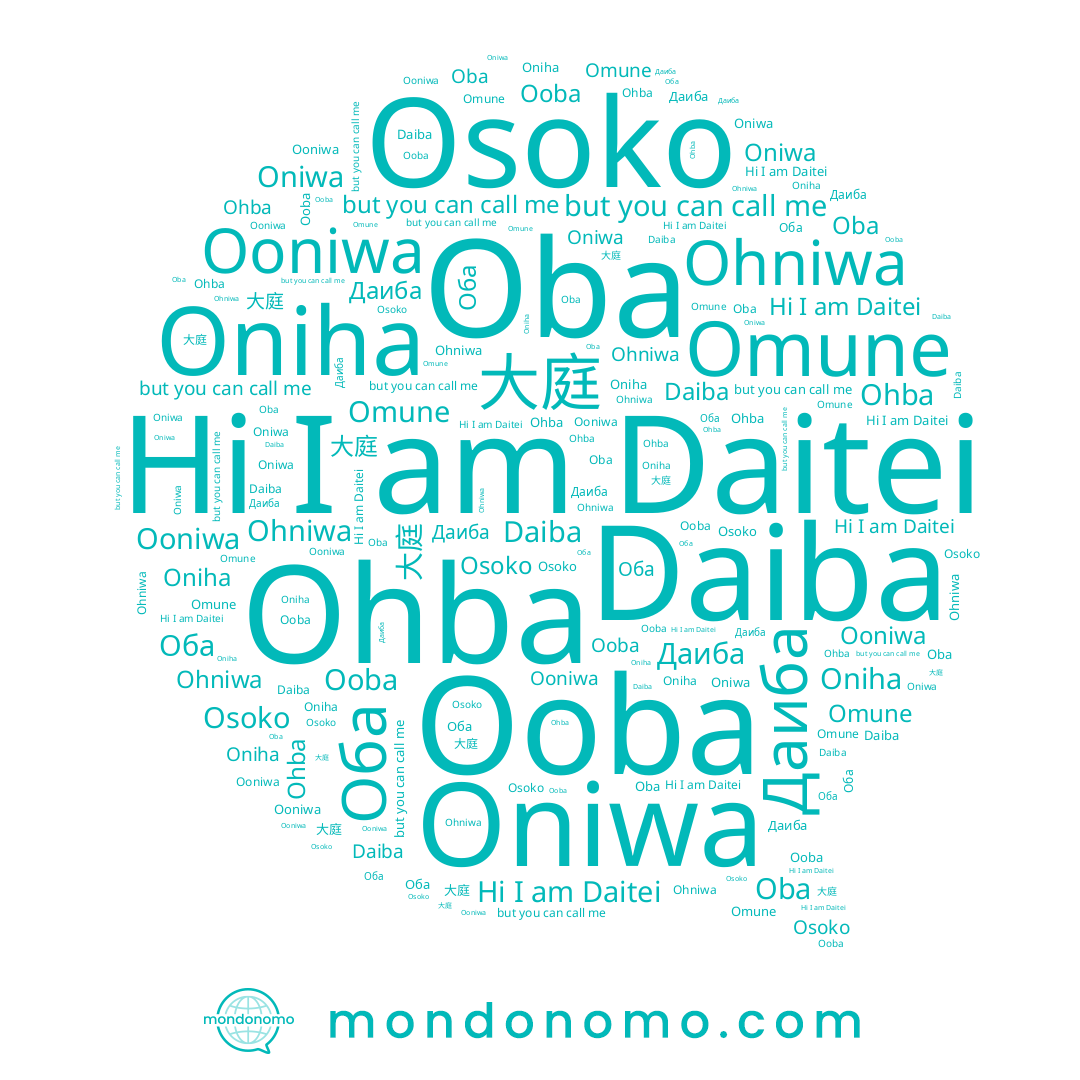 name Ooba, name Даиба, name Оба, name Daitei, name Ohba, name 大庭, name Oba, name Oniwa, name Osoko, name Daiba, name Ooniwa, name Oniha, name Ohniwa, name Omune