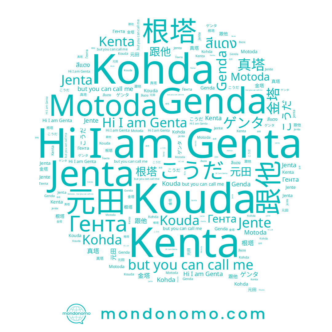 name Jenta, name 跟他, name Jente, name สีแดง, name Kenta, name 元田, name Genta, name Kohda, name ゲンタ, name 根塔, name 金塔, name Гента, name こうだ, name Kouda, name Genda, name Motoda