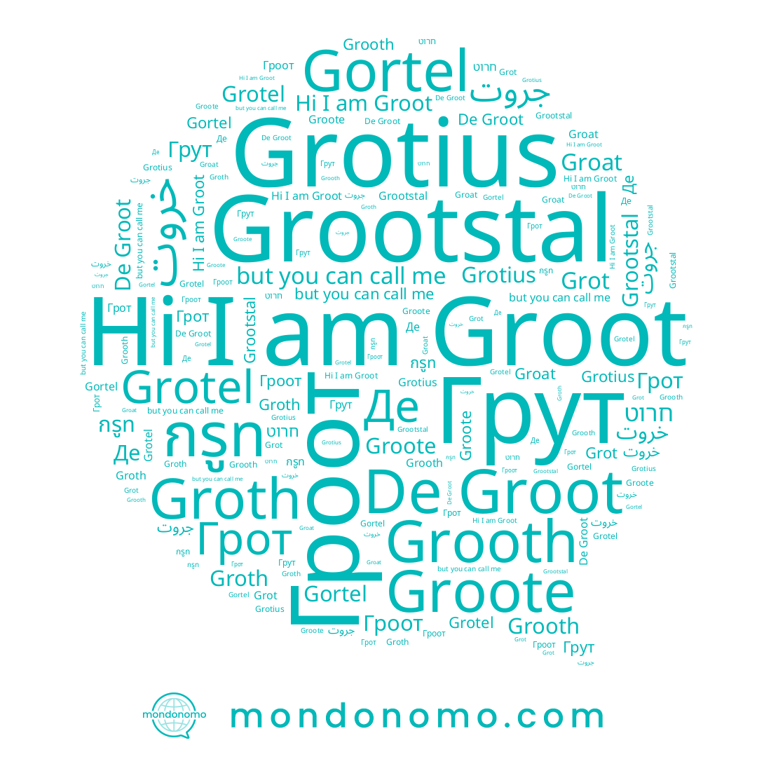 name Gortel, name Grotel, name Grot, name خروت, name جروت, name Де, name Groote, name Grotius, name Грут, name กรูท, name חרוט, name Groat, name Grooth, name Грот, name Гроот, name Groth, name Groot, name Grootstal