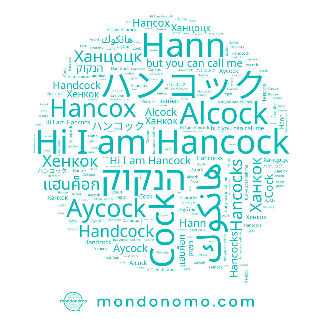name Ханцоцк, name Aycock, name Hann, name Cock, name הנקוק, name Hancock, name แฮนค็อก, name Alcock, name Hancocks, name Handcock, name ハンコック, name Hancox