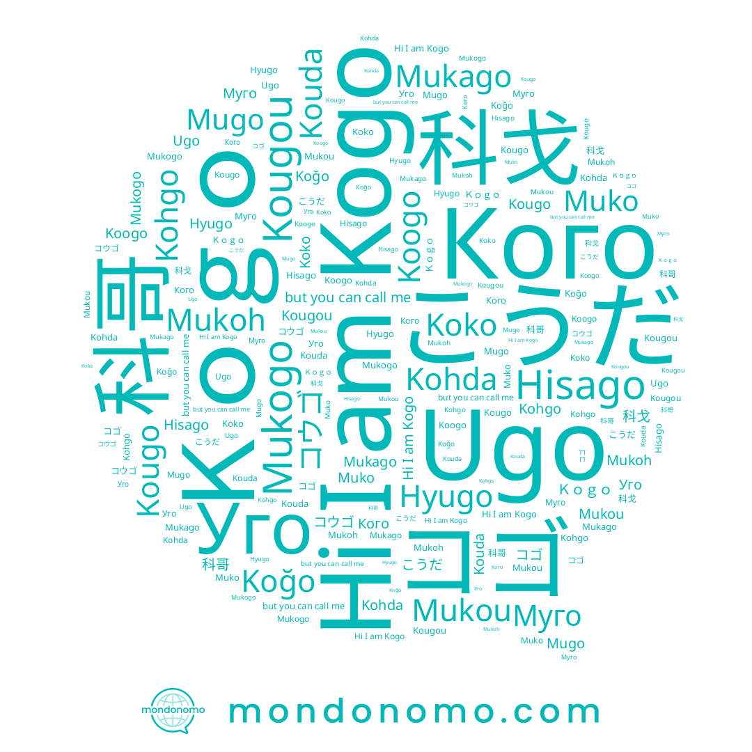 name Mugo, name Koğo, name Hisago, name Kouda, name Hyugo, name Koko, name Ｋｏｇｏ, name Mukogo, name Mukago, name こうだ, name Муго, name 科哥, name コゴ, name Kohgo, name Koogo, name Ugo, name Kougo, name Уго, name Kogo, name 科戈, name Kohda, name Кого, name Mukou, name Mukoh
