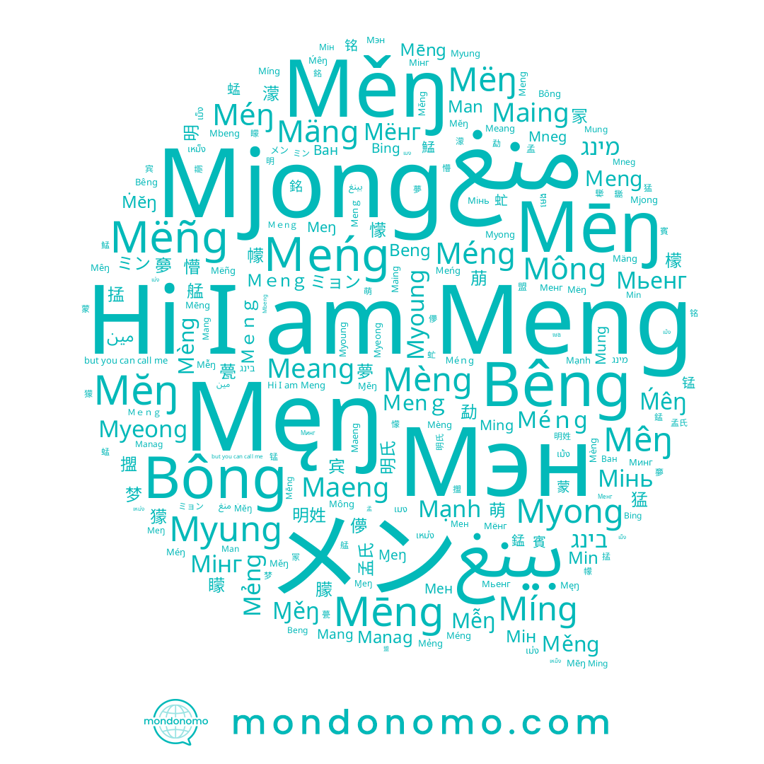 name بينغ, name Meng, name Myoung, name Ɱeŋ, name Maing, name Мьенг, name Beng, name Méng, name Myeong, name Min, name Myung, name Mạnh, name Минг, name เม็ง, name เหม็ง, name เหม่ง, name Bêng, name メン, name Мінь, name Мен, name Manag, name เมง, name Mang, name เม่ง, name Ван, name Mjong, name Mung, name Мін, name Mẻng, name Мёнг, name Maeng, name Mông, name בינג, name Meang, name Mēng, name មេង, name เม้ง, name Mbeng, name Mèng, name Mäng, name Man, name Мінг, name Ming, name Mëñg, name Mneg, name Bông, name Myong, name Míng, name منغ, name مين, name מינג, name Bing, name Ɱěŋ, name Менг