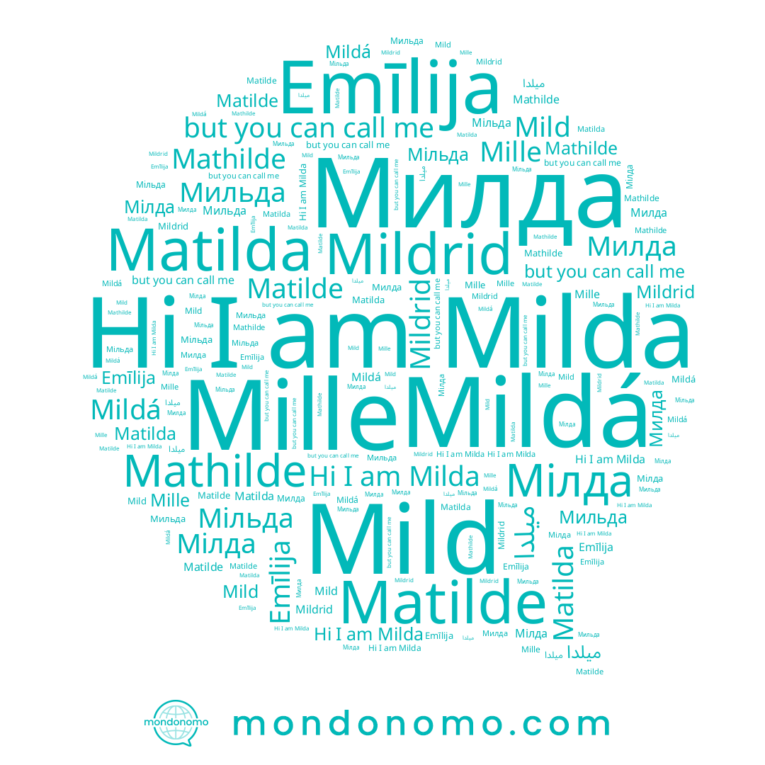 name Мільда, name Milda, name Mildrid, name Mild, name Matilde, name Мілда, name Мильда, name Mathilde, name ميلدا, name Emīlija, name Mille, name Matilda, name Милда, name Mildá