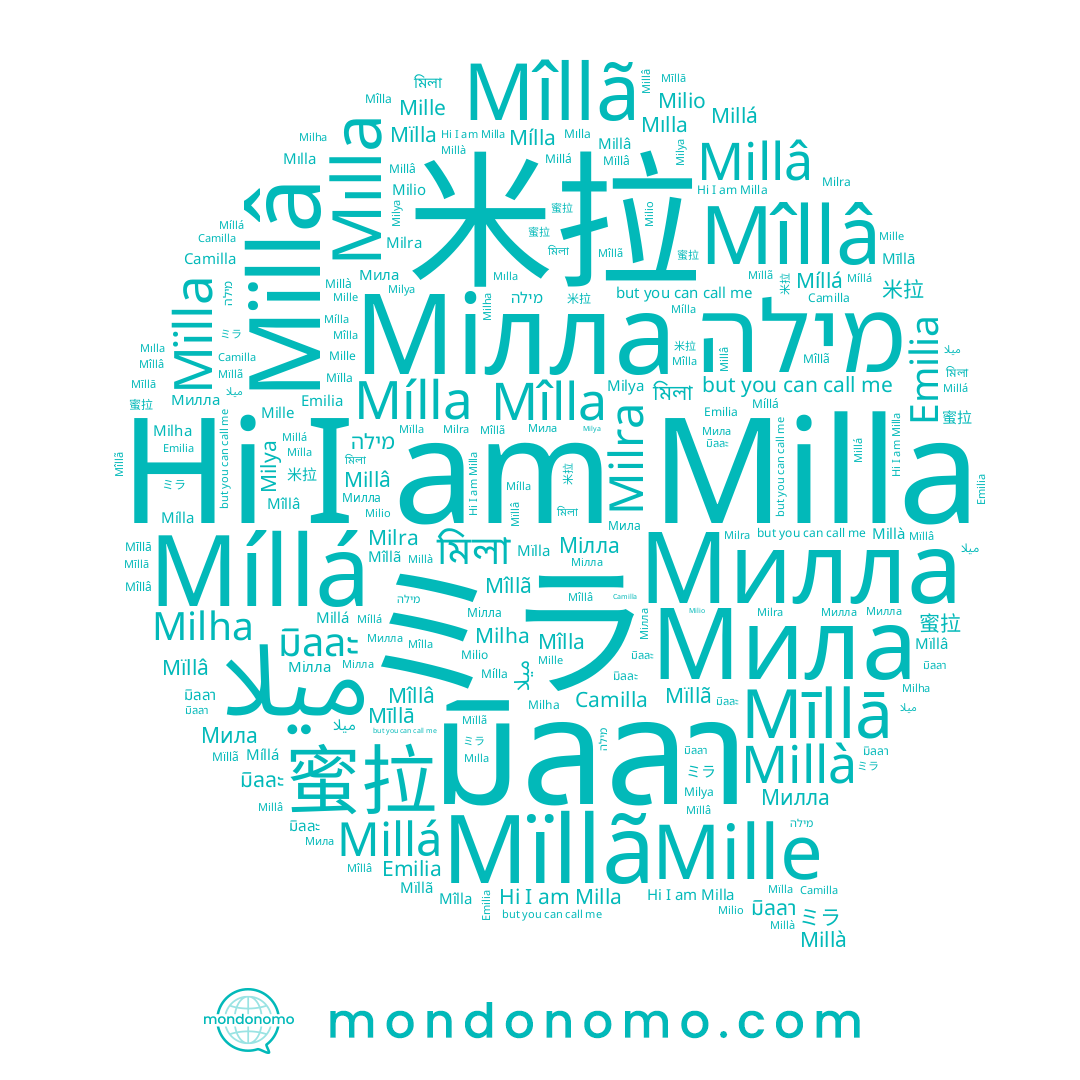 name Millà, name 蜜拉, name Mïllã, name Mîllã, name มิลละ, name Milio, name Mīllā, name Millâ, name Mille, name Mîlla, name ميلا, name Milya, name Millá, name Milla, name 米拉, name Emilia, name מילה, name ミラ, name Mïlla, name Mılla, name Camilla, name Milra, name Mïllâ, name Мила, name Milha, name Милла, name Mîllâ, name มิลลา, name Mílla, name Míllá, name Мілла