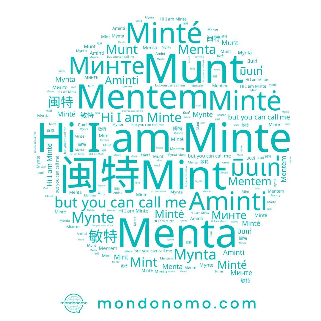 name Minté, name Минте, name 闽特, name Mentem, name Mynta, name Minte, name Aminti, name Munt, name 敏特, name Mintė, name มินเท่, name Menta