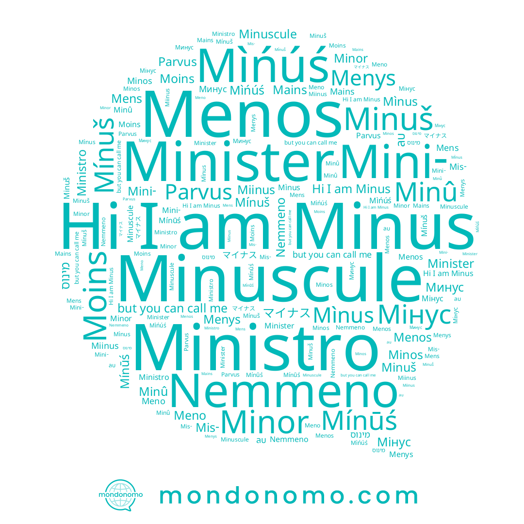 name Mínūś, name Meno, name Ministro, name Минус, name Parvus, name Мінус, name Mis-, name Minor, name Minister, name Mains, name マイナス, name ลบ, name Moins, name Mínuš, name Nemmeno, name Minuscule, name Mìńúś, name Mìnus, name Miinus, name מינוס, name Minus, name Menys, name Minû, name Menos, name Minos, name Mens, name Minuš