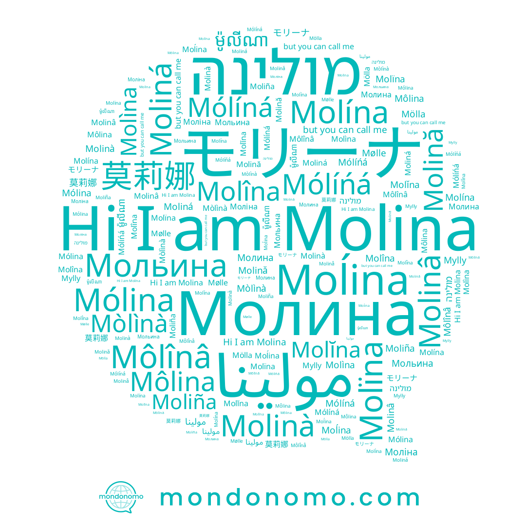 name Molïna, name Molîna, name Mólíńá, name モリーナ, name Mólina, name Мольина, name Molinâ, name Môlina, name ម៉ូលីណា, name Mylly, name Molina, name Моліна, name מולינה, name Mòlìnà, name Молина, name Molĭna, name Molìna, name Moĺina, name Mólíná, name Moliná, name Molinà, name Moliña, name Molína, name Môlînâ, name Molină, name 莫莉娜