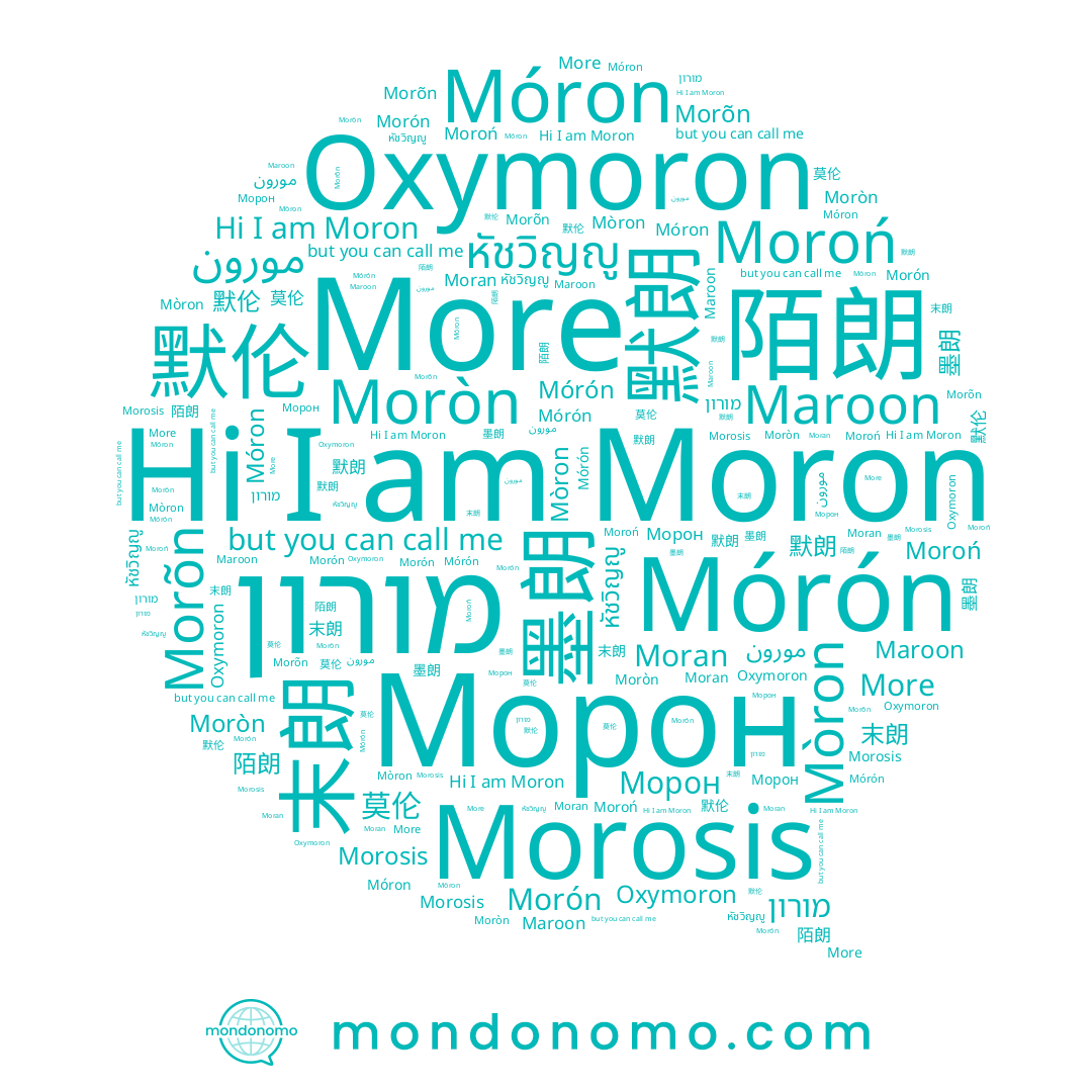 name หัชวิญญู, name 莫伦, name 墨朗, name Maroon, name Morón, name 末朗, name Morosis, name 默朗, name Морон, name Moron, name Moròn, name Mórón, name Móron, name 默伦, name Morõn, name More, name 陌朗, name מורון, name Moran, name Mòron, name Moroń