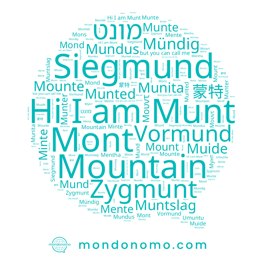 name Mountain, name Mund, name Mount, name Mündig, name Zygmunt, name Мунт, name Mons, name Munter, name Siegmund, name Mentha, name Mont, name Mente, name מונט, name Minte, name Munita, name Munted, name Μουντ, name Mounte, name Mond, name Muide, name Muntslag, name Munte, name Munt, name Vormund, name Mundus, name 蒙特