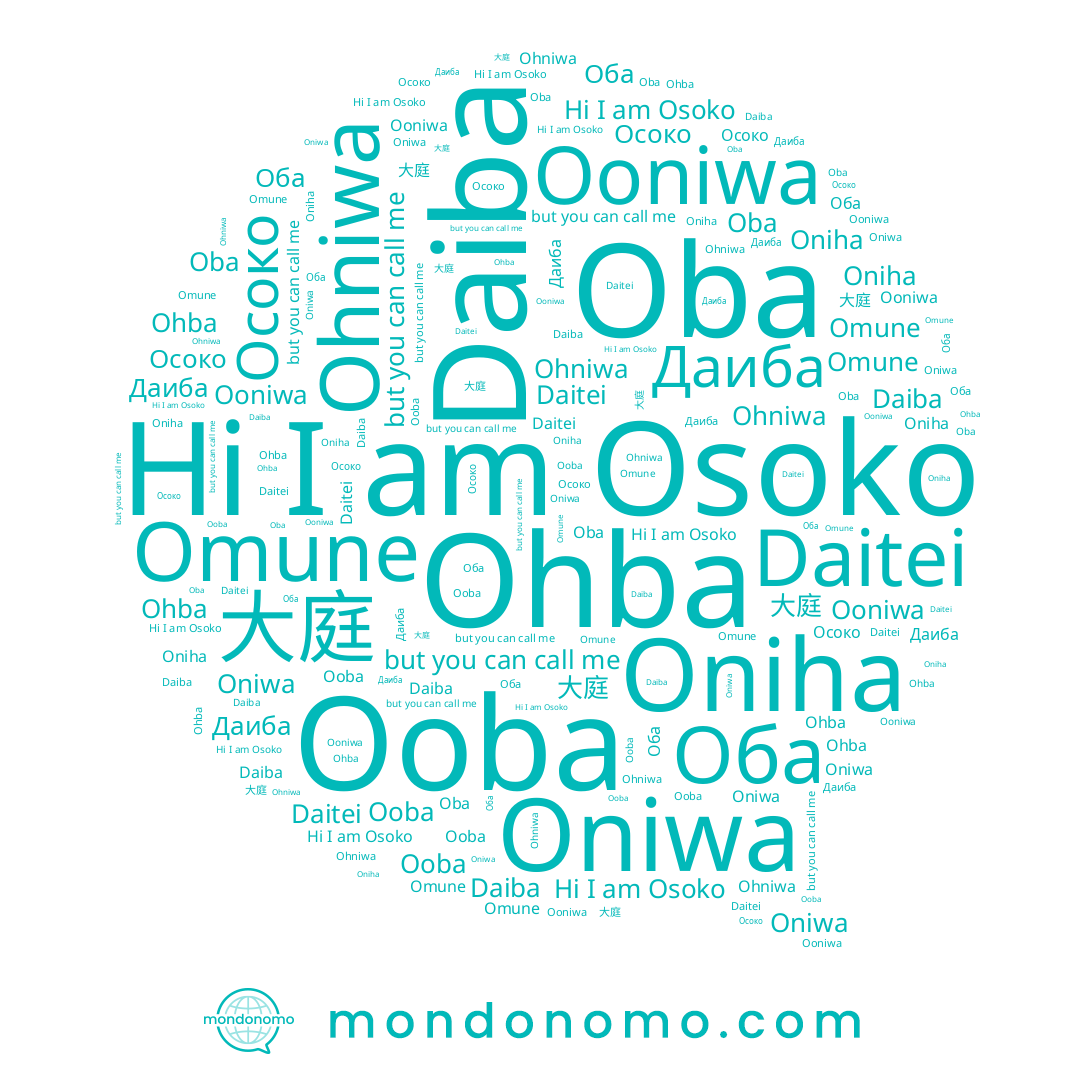name Ooba, name Даиба, name Оба, name Осоко, name Daitei, name Ohba, name 大庭, name Oba, name Oniwa, name Osoko, name Daiba, name Ooniwa, name Oniha, name Ohniwa, name Omune