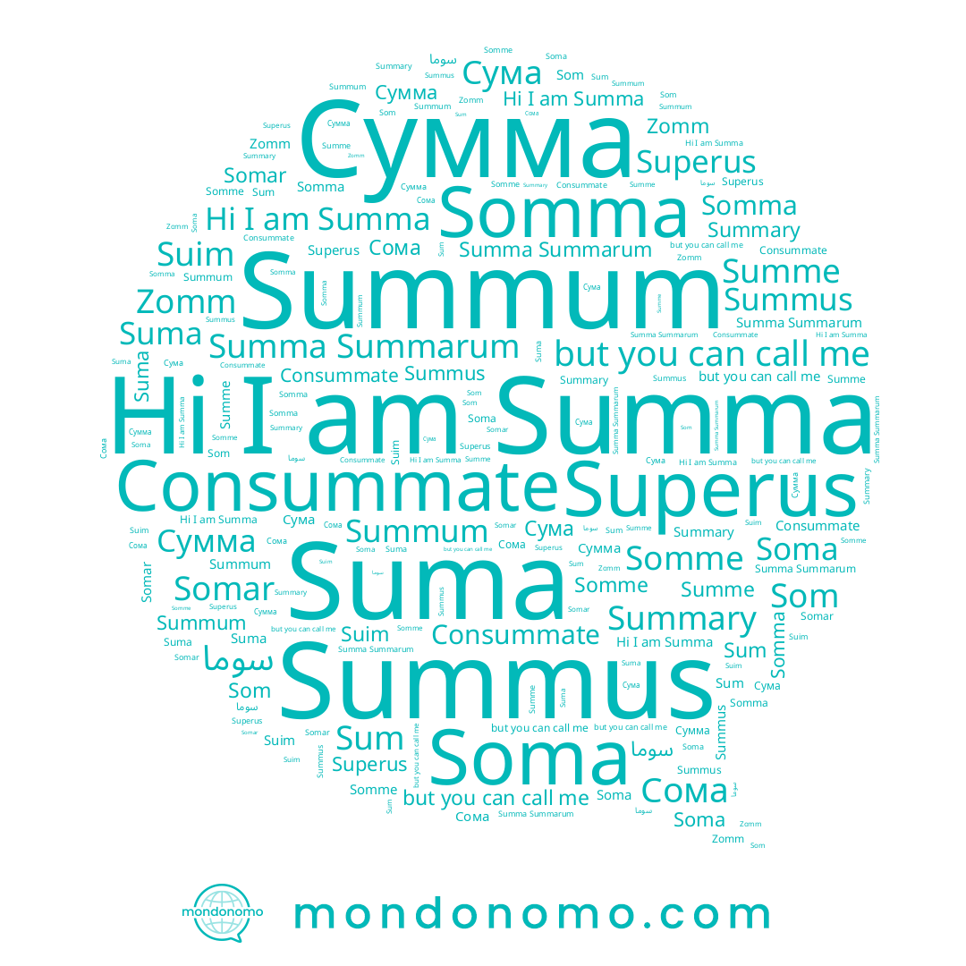 name Zomm, name Soma, name Сума, name Suim, name Suma, name Somma, name Summa Summarum, name سوما, name Somme, name Summe, name Summa, name Sum, name Somar, name Som