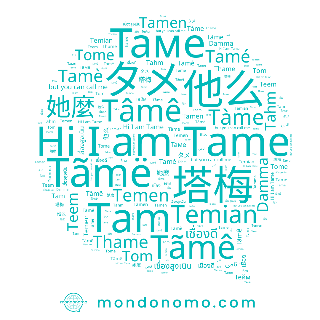 name Tamen, name 她麼, name Тейм, name Tome, name タメ, name Tam, name Tamé, name Tahm, name Tame, name تامى, name Tom, name 塔梅, name Таме, name Temen, name เชื่องดี, name Teem, name 他么, name Tàme, name เชื่องสูงเนิน, name Tãmë, name Thame, name Tâmê, name Tamè, name Tãmê, name Damma