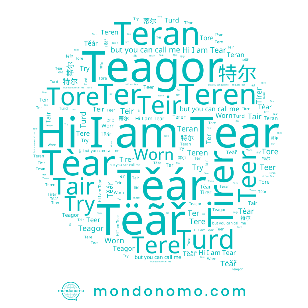 name Tere, name Tëãř, name Teran, name Try, name Tair, name Teren, name Tèar, name Tear, name Tore, name Tirer, name Teer, name Těár, name 蒂尔, name Ter, name Teagor, name Worn, name 特尔, name Turd, name Teir