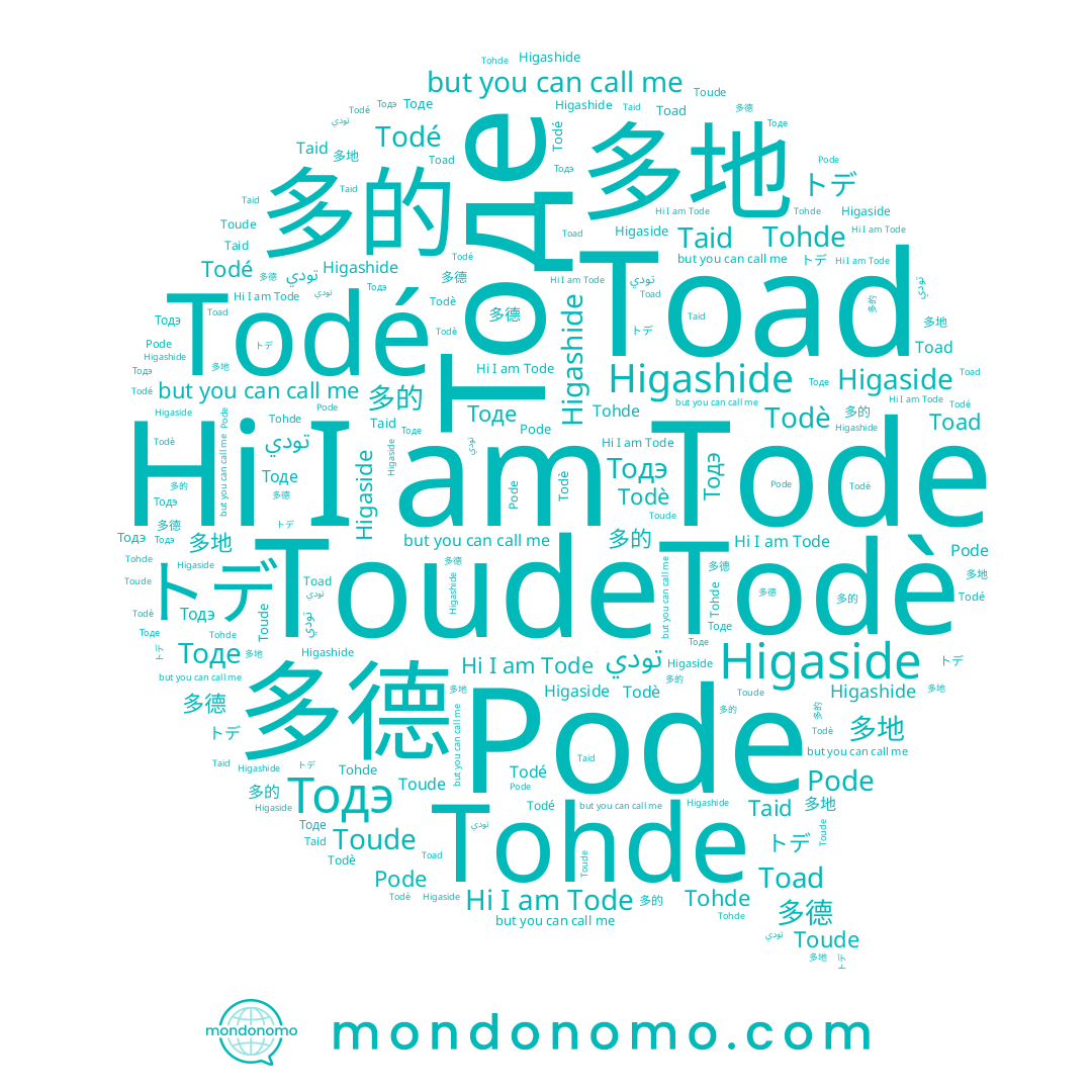 name トデ, name Тодэ, name Higashide, name 多的, name Todé, name Pode, name Todè, name تودي, name Tode, name Tohde, name Тоде, name Higaside, name Taid, name 多地, name 多德