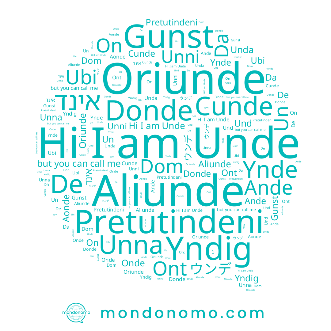 name Ande, name Aonde, name Un, name De, name Unda, name אינד, name Donde, name Unde, name Dom, name Da, name Unna, name Gunst, name Onde, name ウンデ, name Cunde, name Oriunde, name Aliunde, name Unni, name On, name Ynde