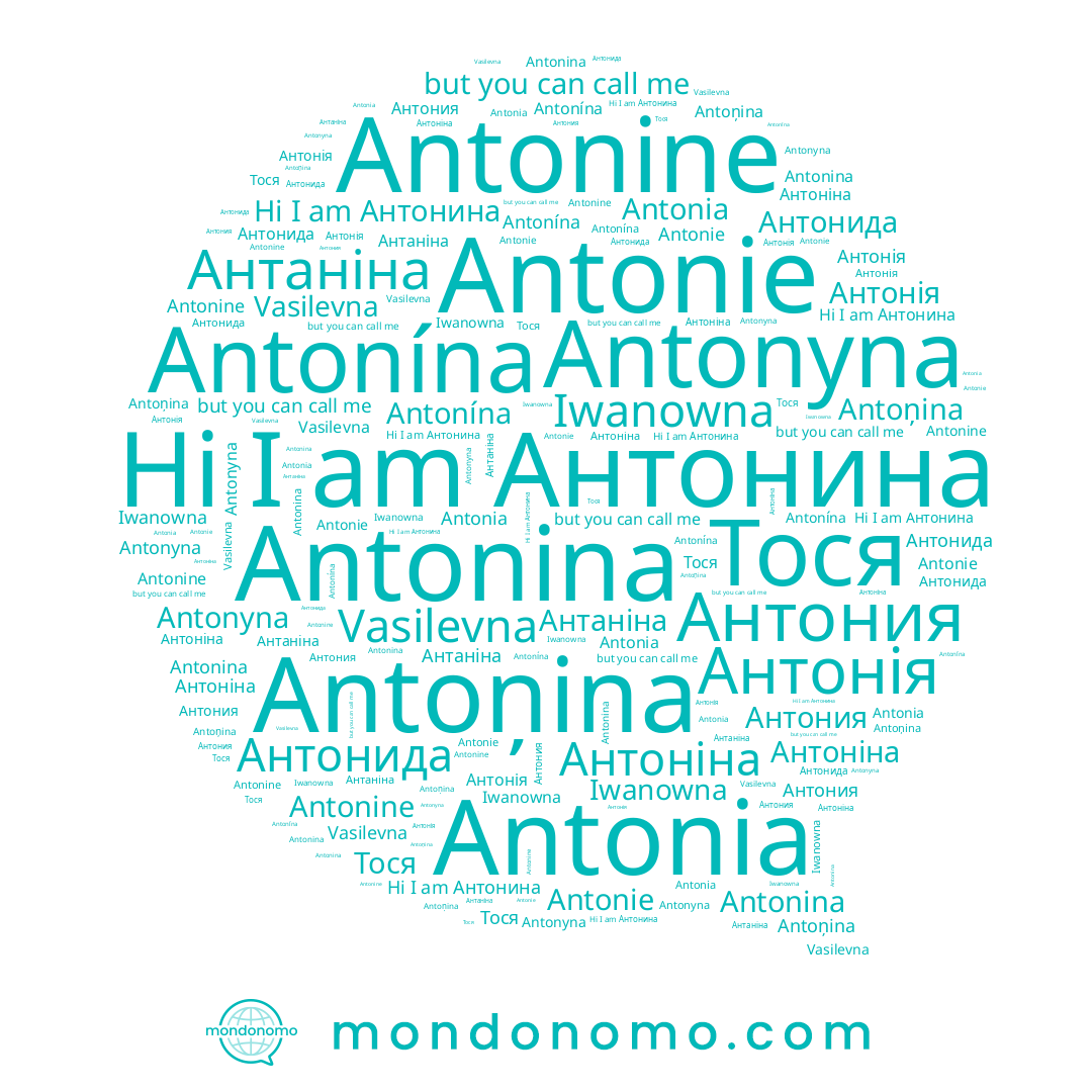 name Antonine, name Iwanowna, name Antonína, name Антонія, name Антаніна, name Antonie, name Antoņina, name Антония, name Антоніна, name Антонида, name Antonina, name Antonyna, name Antonia, name Vasilevna, name Тося, name Антонина