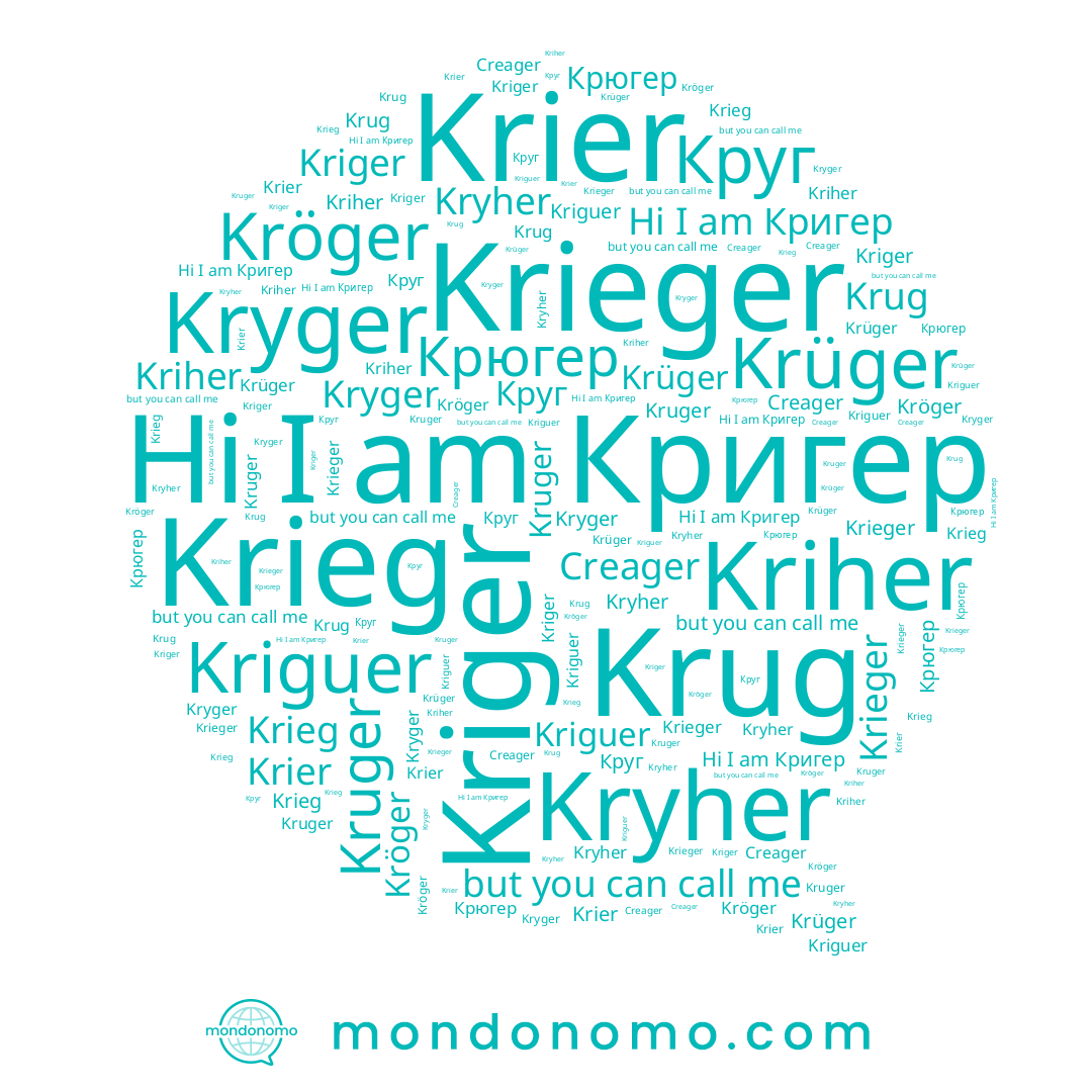 name Krug, name Krüger, name Крюгер, name Kriger, name Kriher, name Kröger, name Creager, name Kruger, name Кригер, name Kryher, name Krieg, name Kriguer, name Kryger, name Круг, name Krier, name Krieger