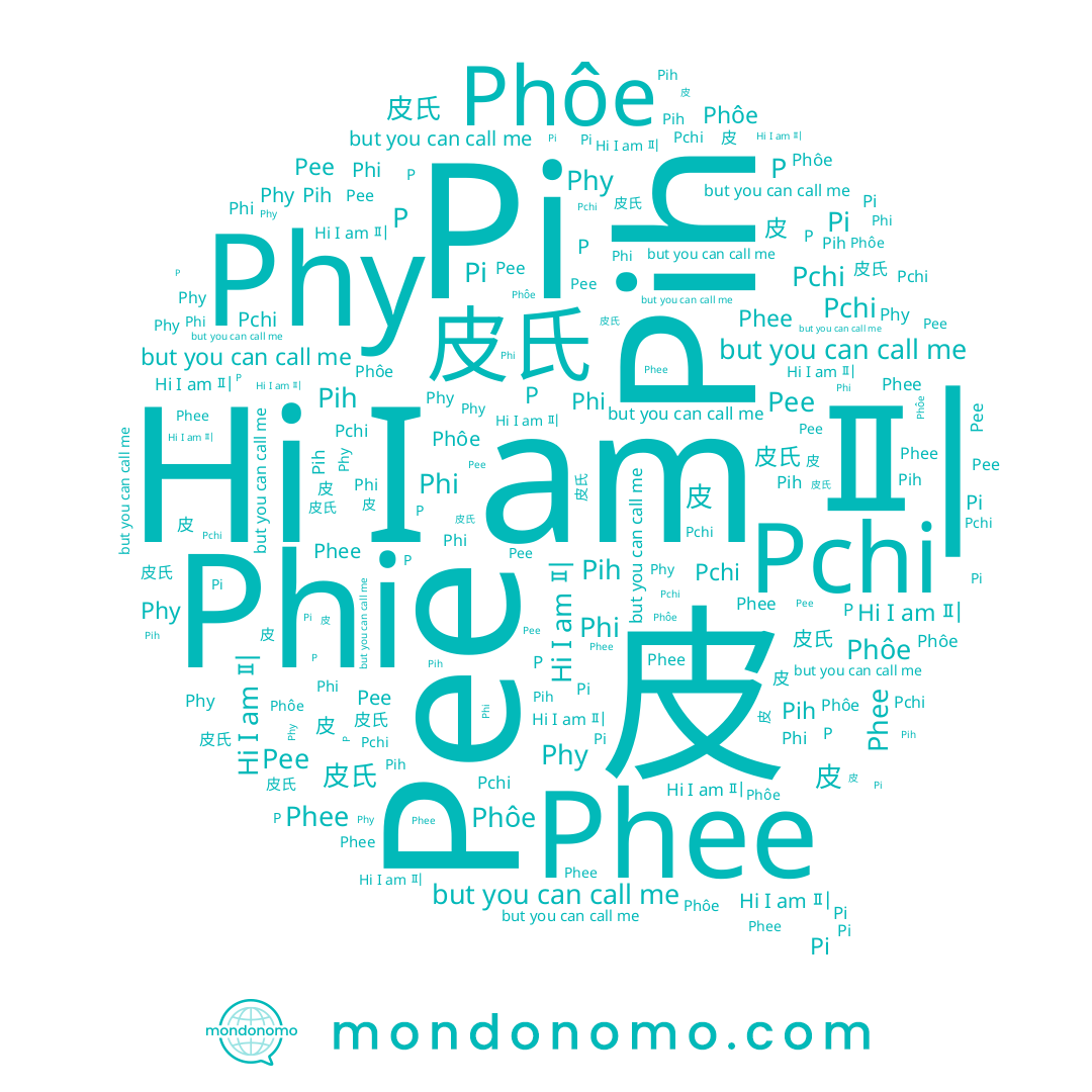 name Pchi, name Phee, name Phy, name P, name Pi, name Phi, name Pee, name Phôe, name 皮, name 피, name Pih, name 皮氏